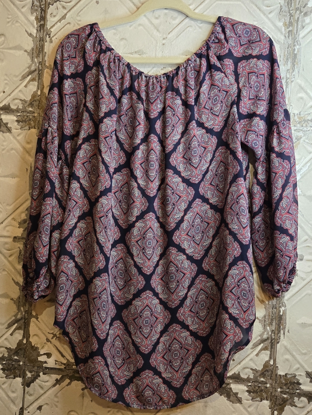Michael Kors Women's Navy Pink Patterned Peasant Top Size Large Nautical Preppy - Picture 7 of 9